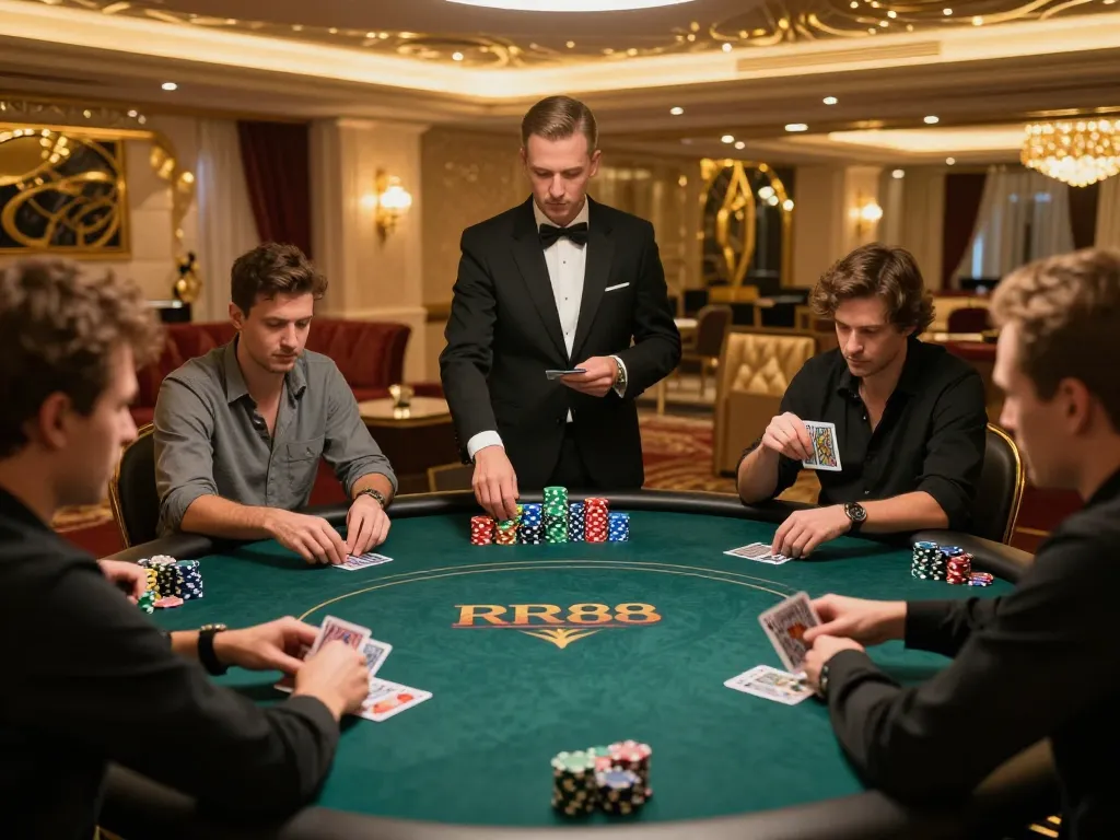 Players in high-stakes poker match at RR88, showcasing strategy and thrill of gambling.