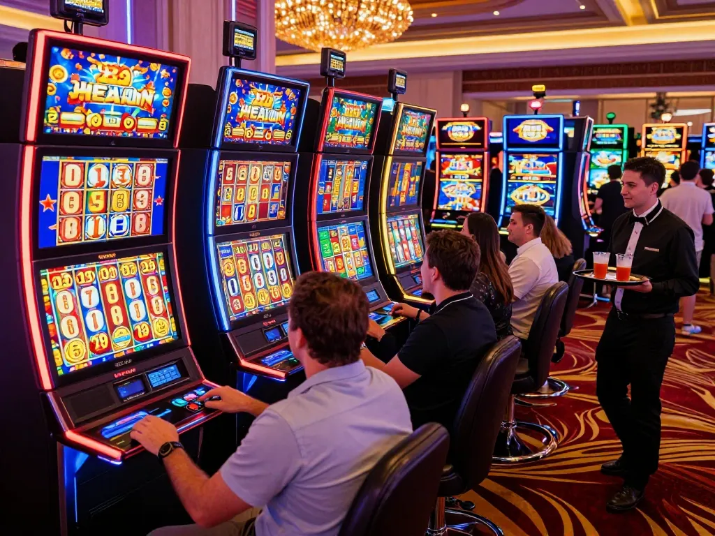 Pemain menikmati mesin link slot yang mendebarkan di suasana kasino yang ramai, menunjukkan kegembiraan dan keterlibatan.