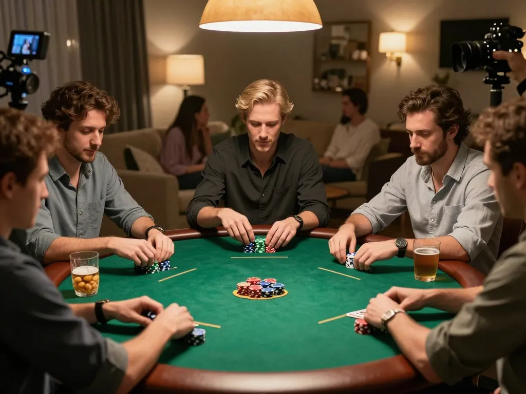Friends enjoying a lively poker night with strategic gameplay and vibrant chip stacks at a home setting, showcasing vipwin.