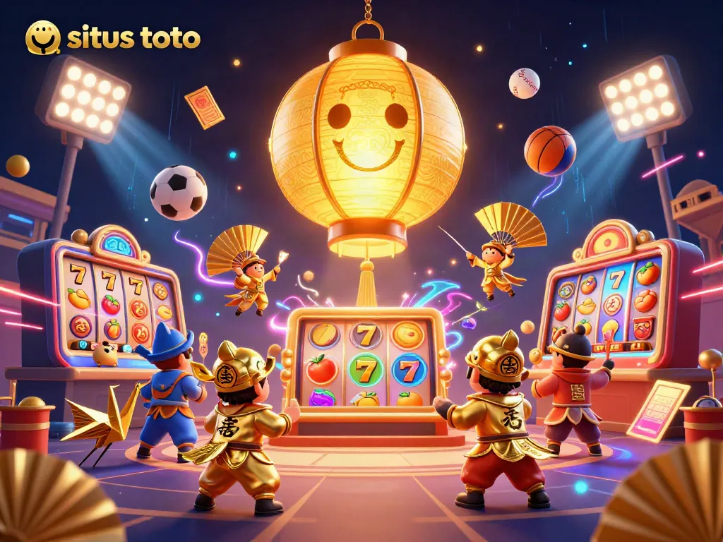 Menangkan jackpot di situs toto dengan permainan slot dan simbol keberuntungan yang menampilkan suasana kasino yang megah.