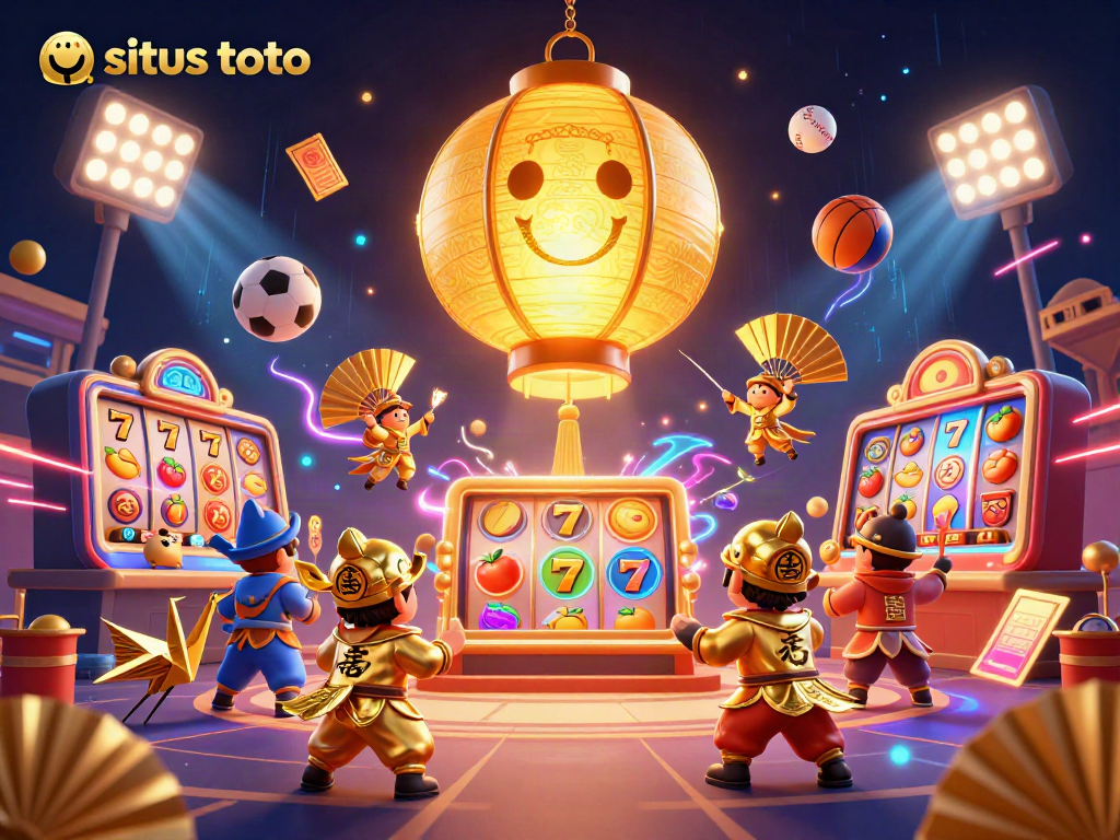 Menangkan jackpot di situs toto dengan permainan slot dan simbol keberuntungan yang menampilkan suasana kasino yang megah.