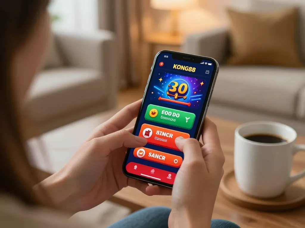 KONG88 user enjoying mobile gaming with real-time betting options in a cozy home setting