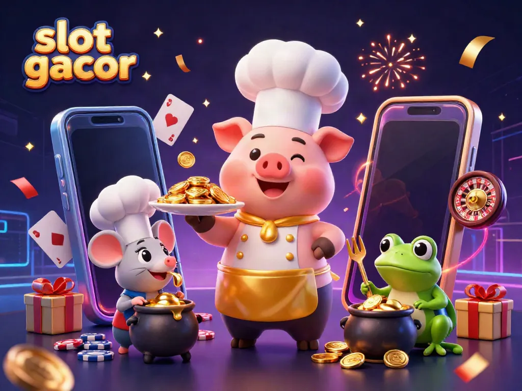 Slot gacor menggambarkan chef babi menyajikan koin emas, mouse dan katak di latar kasino.
