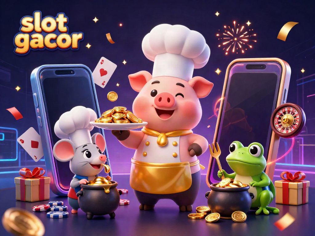 Slot gacor menggambarkan chef babi menyajikan koin emas, mouse dan katak di latar kasino.