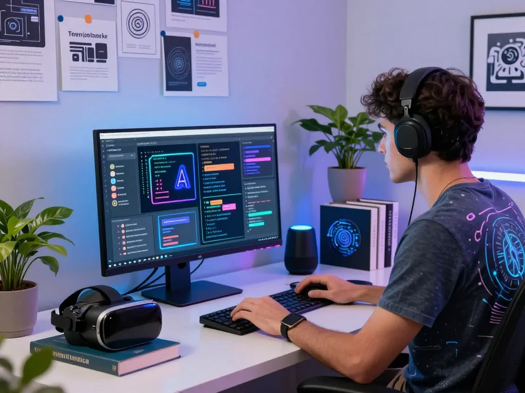 Developer engaged with juicy ai algorithms in a modern workspace filled with tech gadgets.