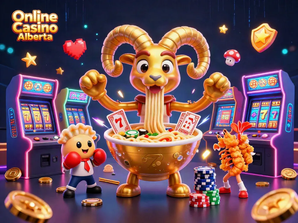 Online Casino Alberta illustration featuring a lively scene with cartoon characters and vibrant gaming elements.