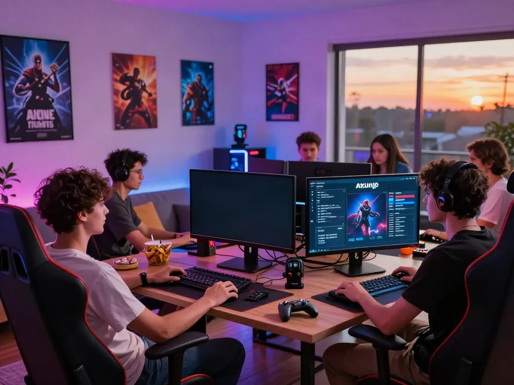 A diverse group gaming around a high-tech setup, showcasing akunjp gaming interface.
