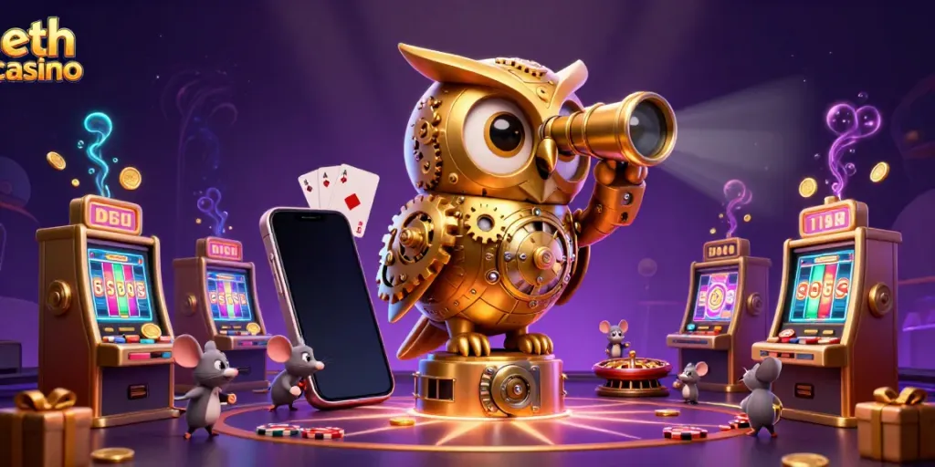 Engaging eth casino scene with an animated golden owl and casino-themed elements