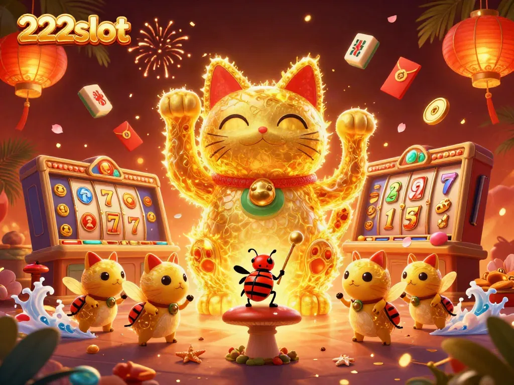 Menyaksikan 222slot dengan simbol keberuntungan dan elemen permainan kasino yang berkilauan.