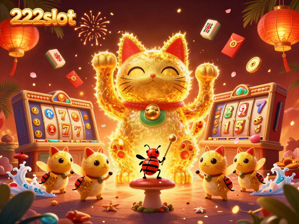 Menyaksikan 222slot dengan simbol keberuntungan dan elemen permainan kasino yang berkilauan.