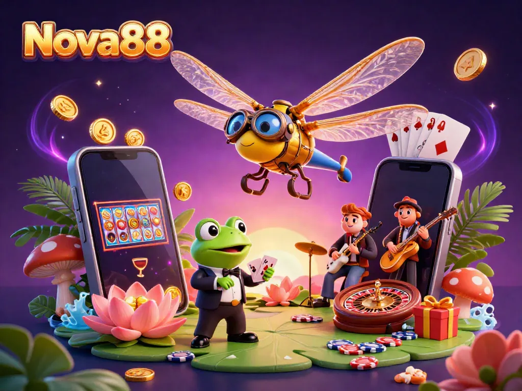 Delight in a vibrant scene where Nova88 brings together a dragonfly pilot, frog croupier, and jazz musicians in a lively casino atmosphere.