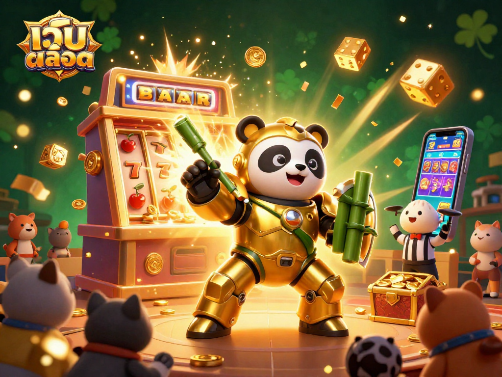 Experience the excitement of เว็บสล็อต with a dynamic jackpot scene featuring a golden panda and vibrant casino elements.