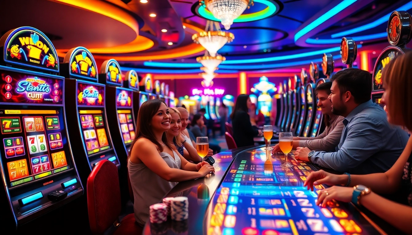 Engaging scene with players celebrating at situs slot nekatwin casino, vibrant slot machines illuminated.