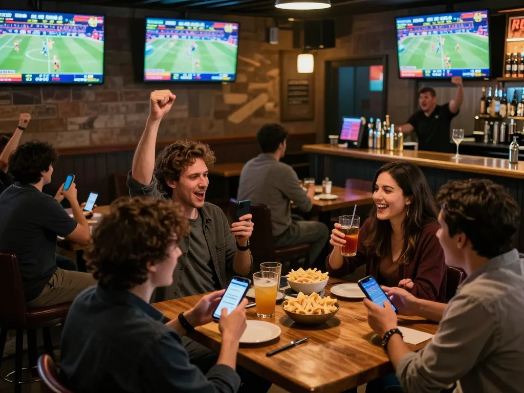 Experience the thrill of sports betting with sunwin at a vibrant bar, cheering patrons, and live game action.