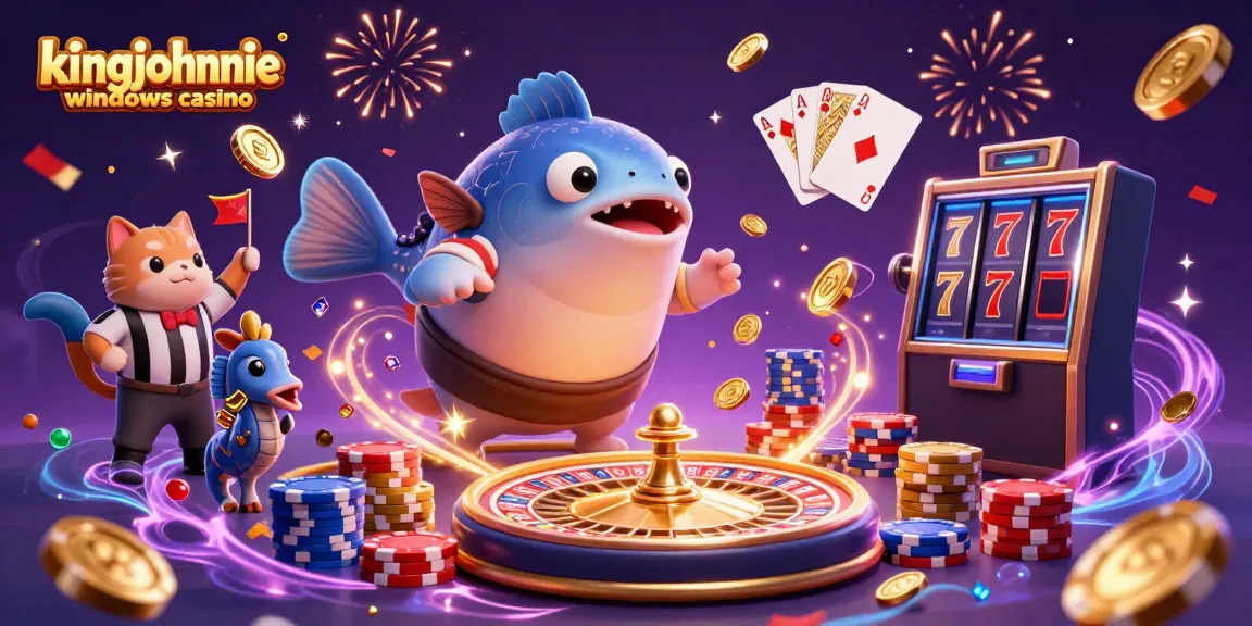 Catch the excitement at kingjohnnie windows casino with vibrant 3D cartoon characters surrounded by gaming elements.