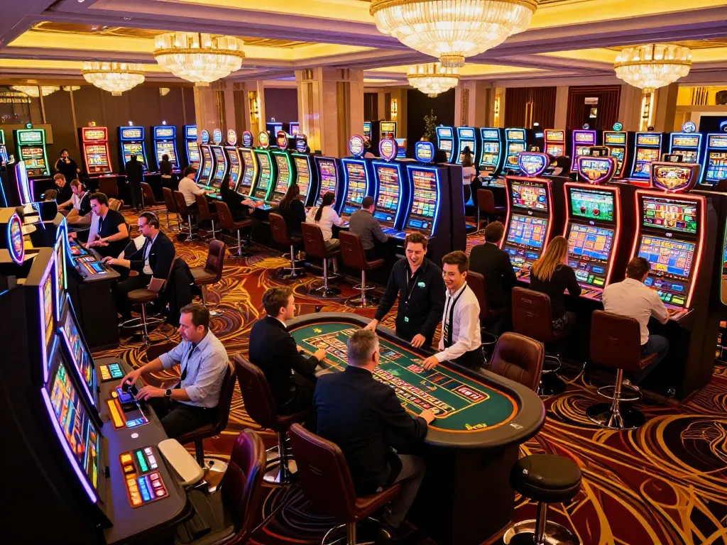 Engaged players at the lively open888 casino floor spinning slots and cheering