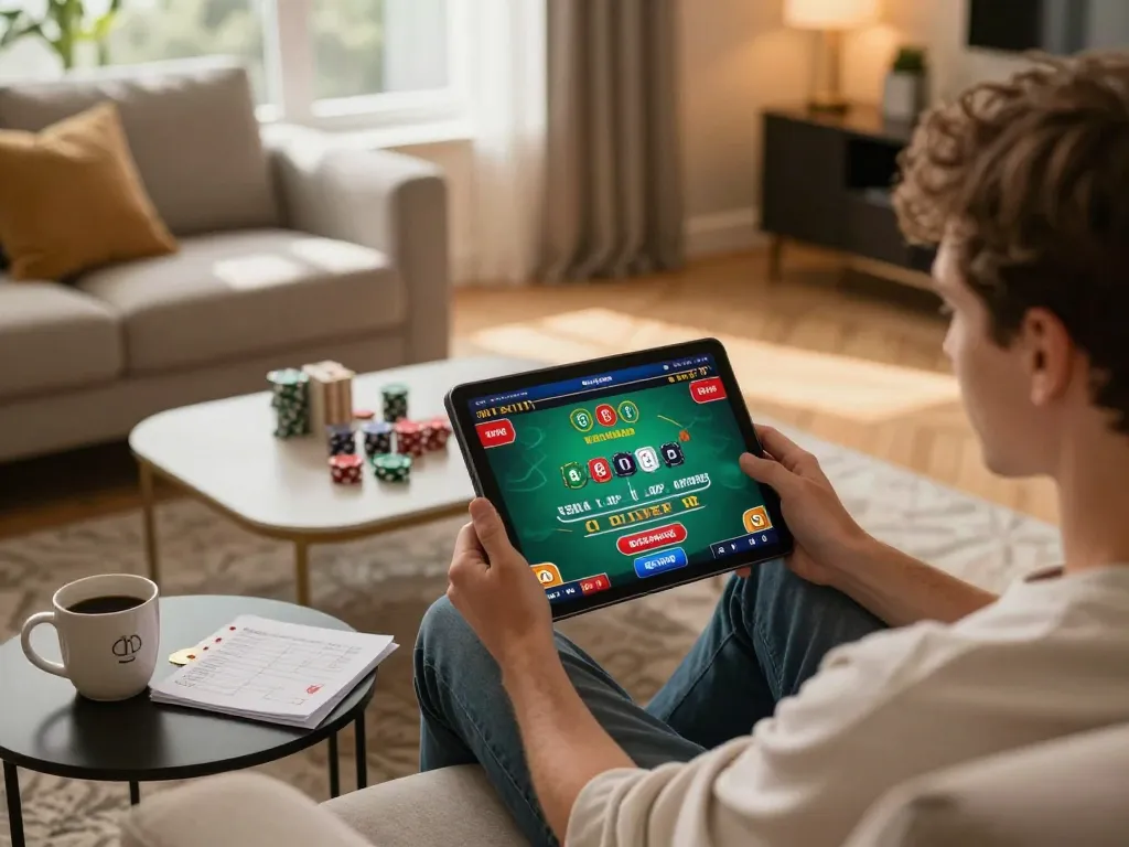 Engaged player enjoying king33 online blackjack on a tablet in a cozy home setting, emphasizing responsible gambling.