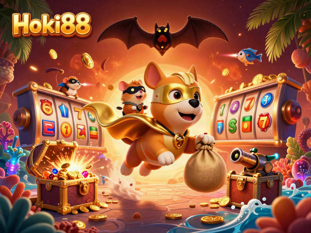 Permainan seru di Hoki88 dengan slot dan koin emas bertebaran dalam ilustrasi fantastis.