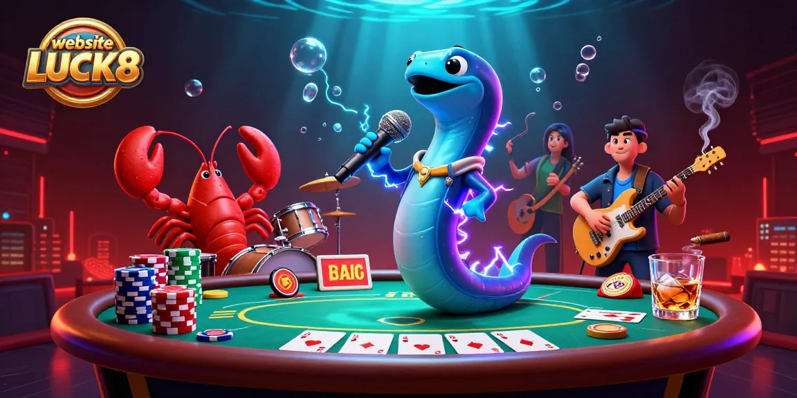 Experience the thrilling gameplay at website LUCK8 with an electric eel DJ performing in a vibrant casino setting.