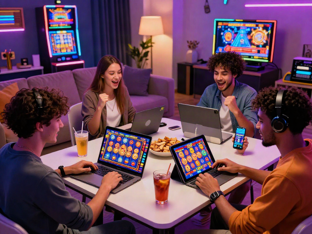 Friends enjoying slot gacor online gambling on multiple devices in a lively setting.