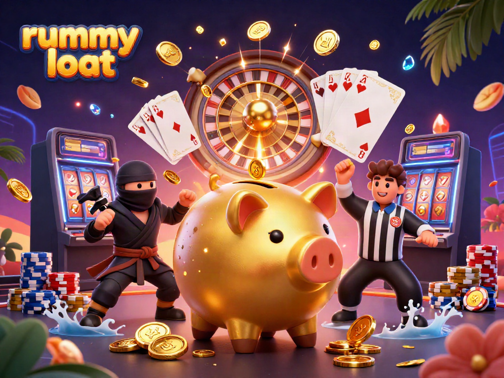 Engage in vibrant rummy loot action with dynamic 3D characters and casino elements in a lively setting.