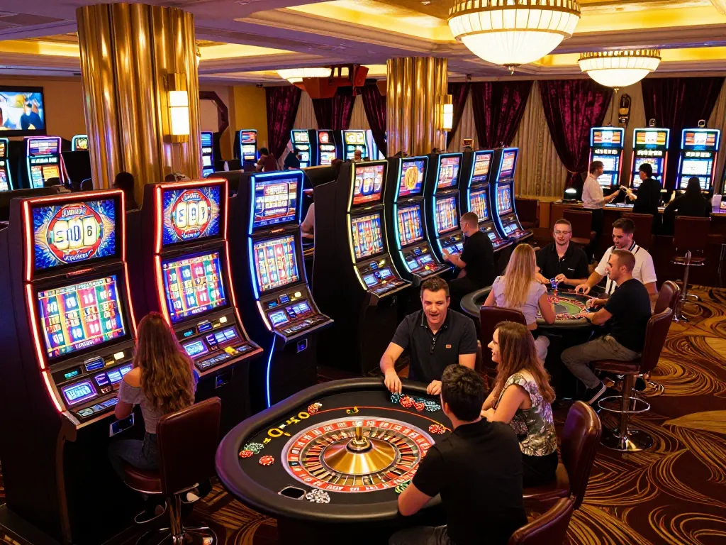 Action-packed view of players at a casino, engaging with slot machines, emphasizing nhà cái experience in vibrant setting.