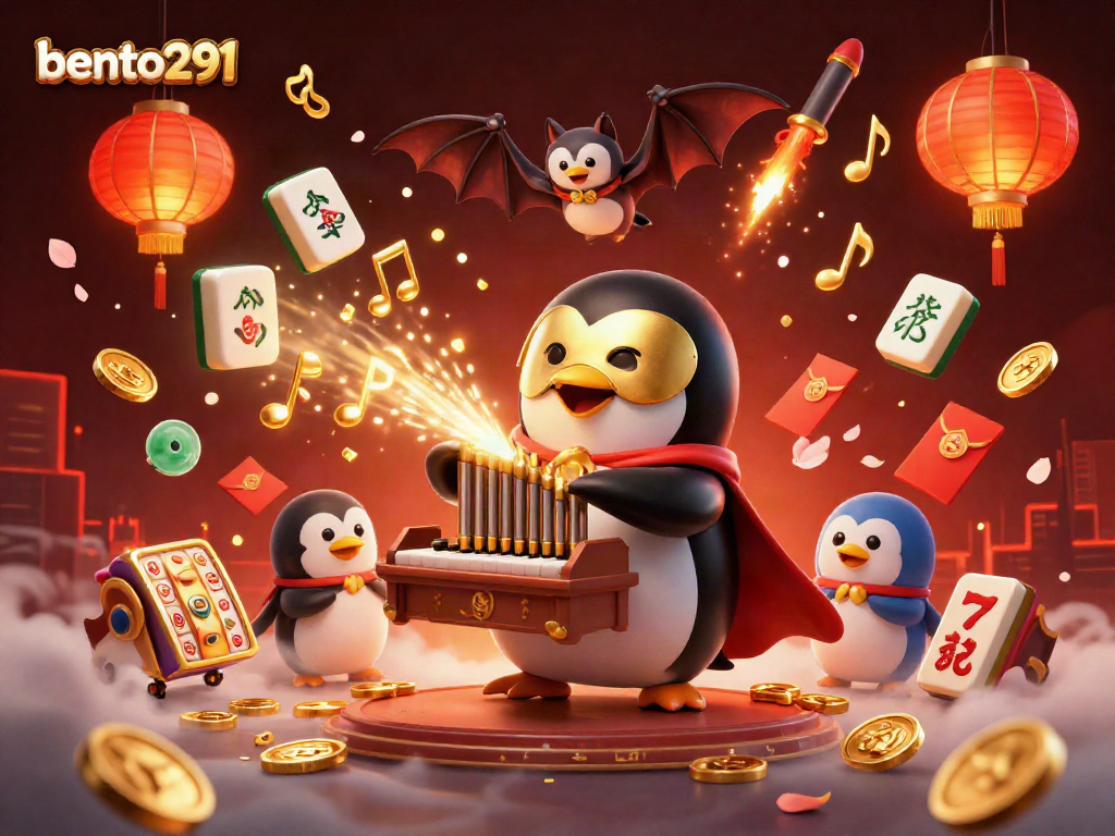 Bento291 casino scene featuring a playing penguin and golden coins flowing from an organ