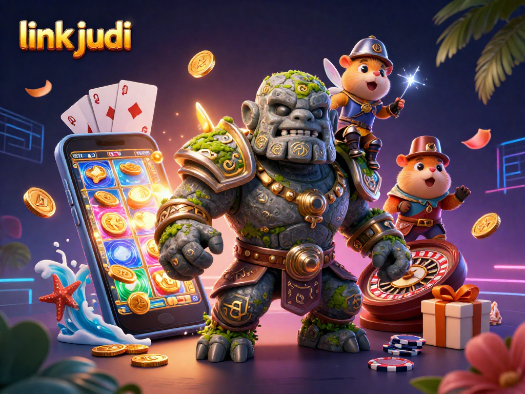 Spin slot games and win big with link judi in this whimsical 3D illustration.