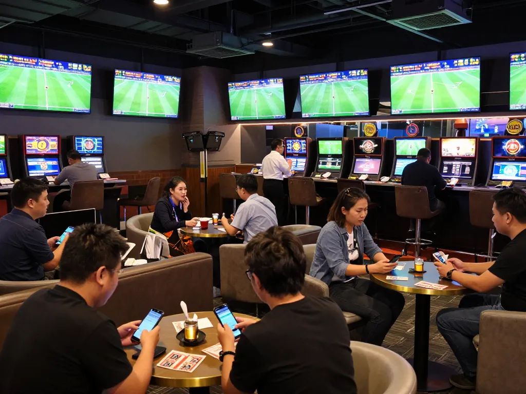 Tỷ Lệ Bóng Đá calculated odds and bets being placed in an upscale sports betting lounge
