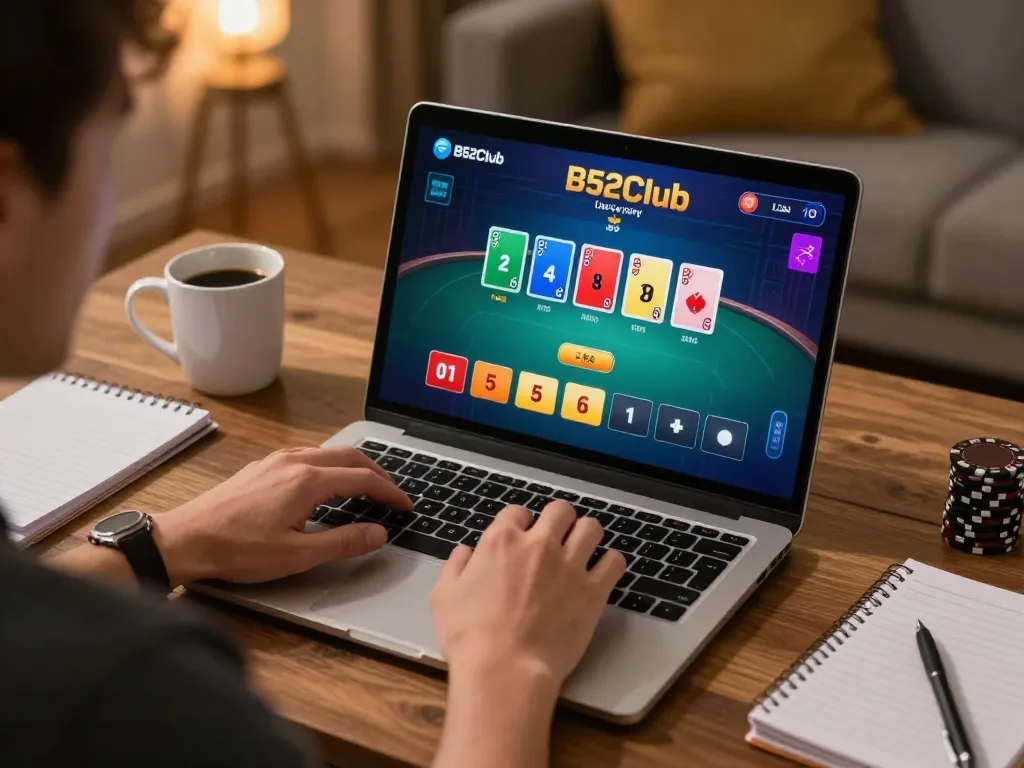 B52Club online poker player engaging in live dealer game while managing strategy in a cozy setting