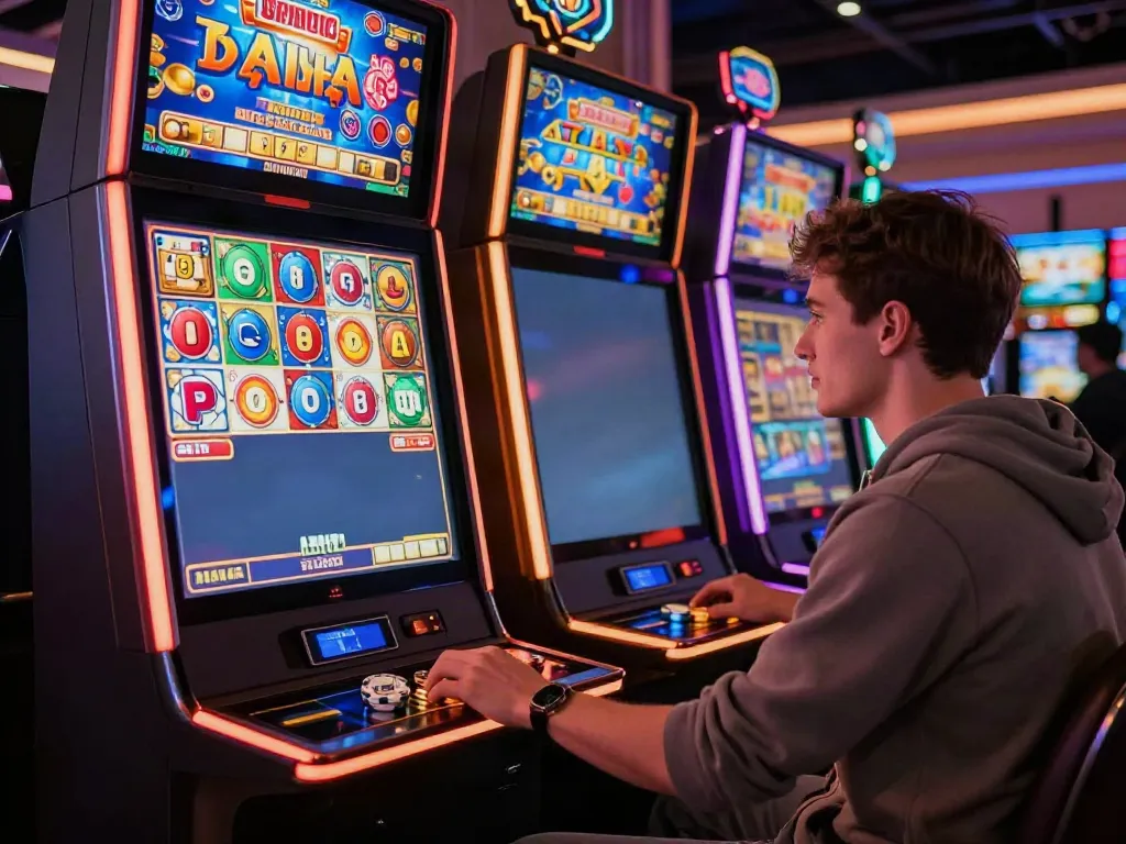 Exciting online gaming experience at akunjp, featuring a player engaged with a virtual slot machine and vivid game symbols.