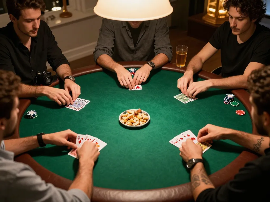 B52 CLUB players engaged in a lively home poker game, showing dynamic card play and strategic interactions.