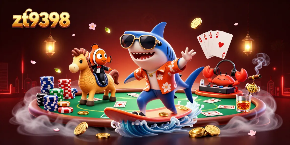 Feel the excitement at zt9398 as a shark surfs on gold coins, with dynamic poker elements enhancing the thrill.
