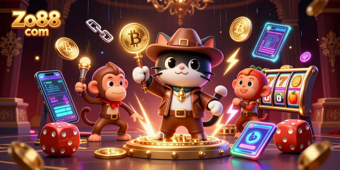 Experience the thrill of gambling at Zo88 com with vibrant 3D illustration of gaming adventures.