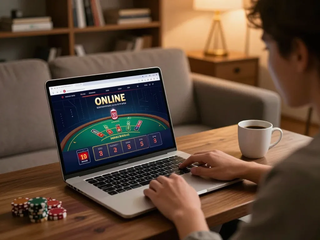 hb88 player engaging in an online blackjack game at home, showcasing stylish gaming setup.