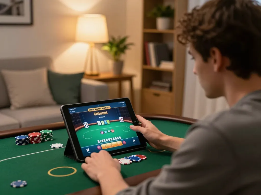 sun win online poker game in a cozy home setting with focused player and colorful chips