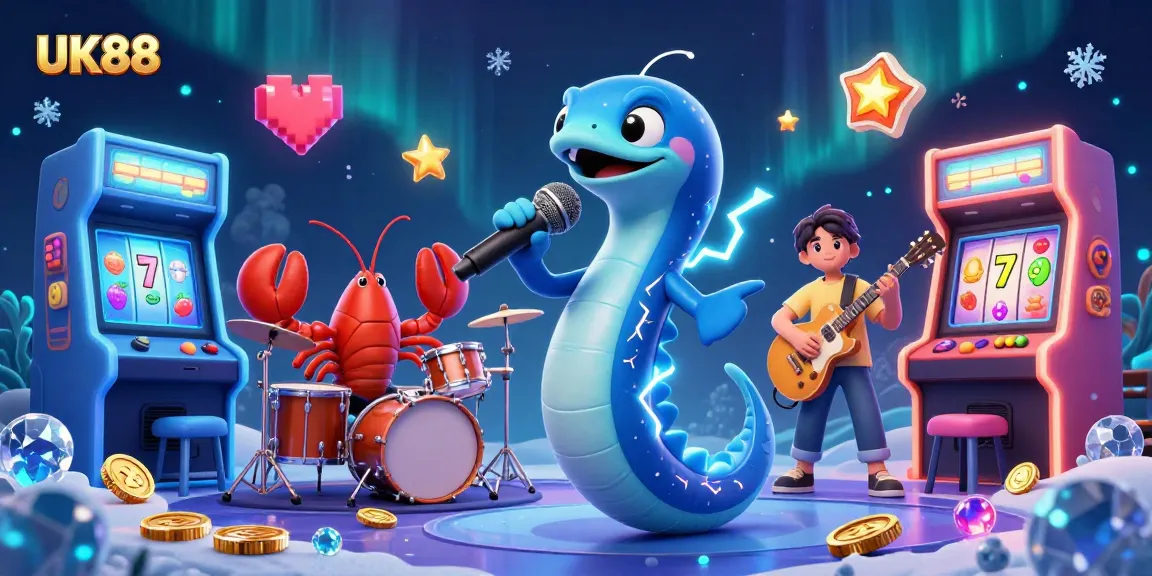 Electric eel DJ at UK88 casino, vibrant underwater scene with slot machines, lightning effects