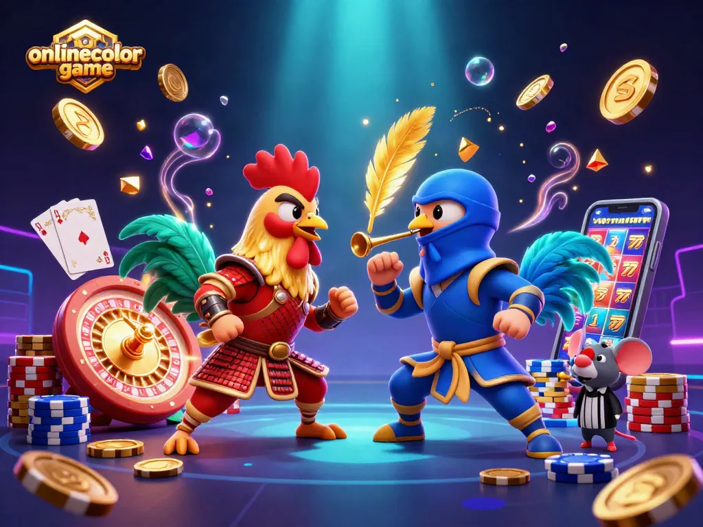 Engage in the thrilling onlinecolorgame with dynamic roosters battling, surrounded by casino elements.