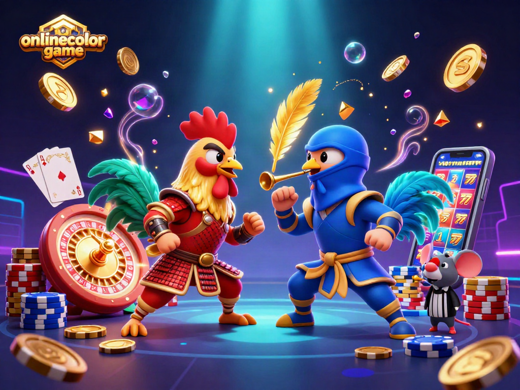 Engage in the thrilling onlinecolorgame with dynamic roosters battling, surrounded by casino elements.