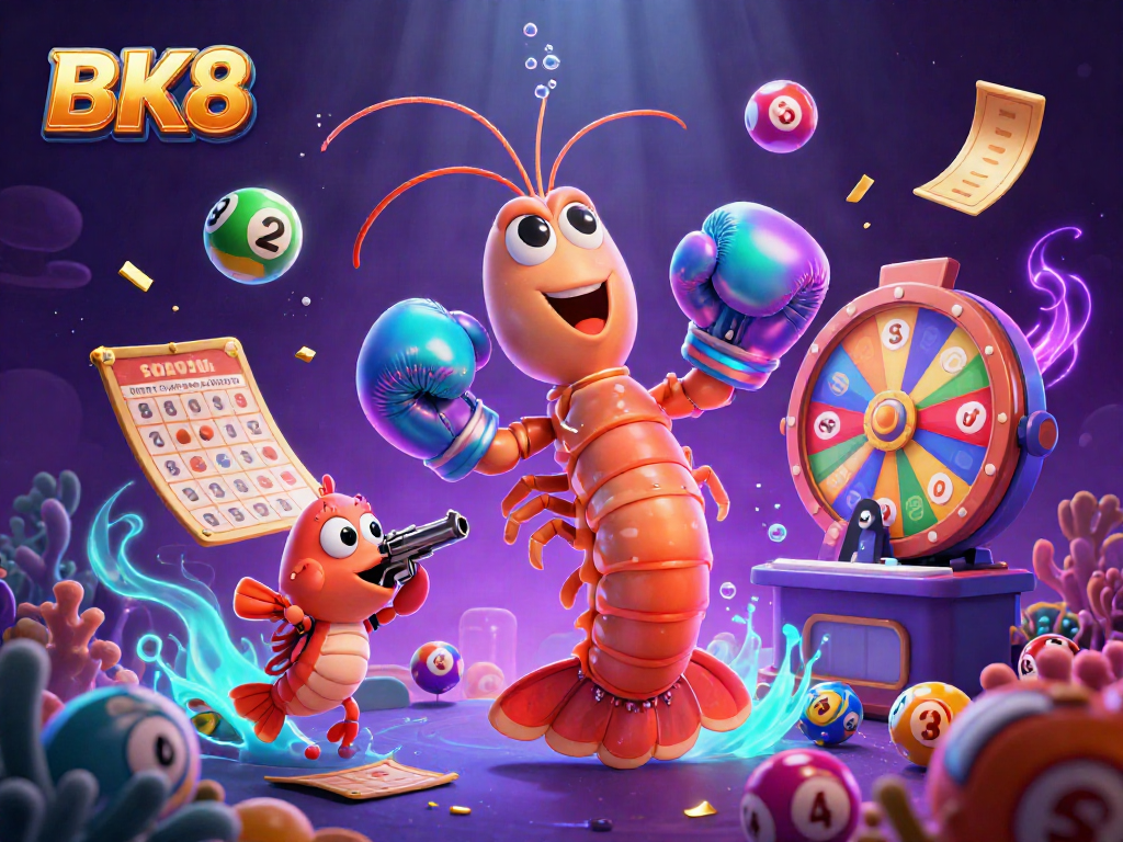 Experience thrilling gaming with BK8's vibrant 3D cartoon artwork showcasing lively characters and dynamic gambling elements.