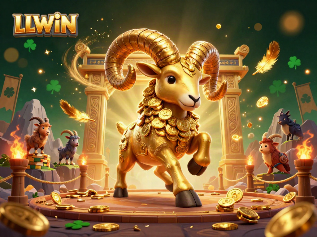 Engage with LLWIN’s vibrant casino world featuring a golden ram charging at a festive gaming arena.