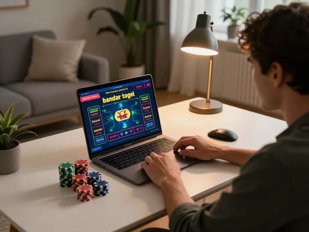 Terlibat dalam permainan bandar togel online di pengaturan rumah yang bergaya, menyoroti kegembiraan dan strategi.