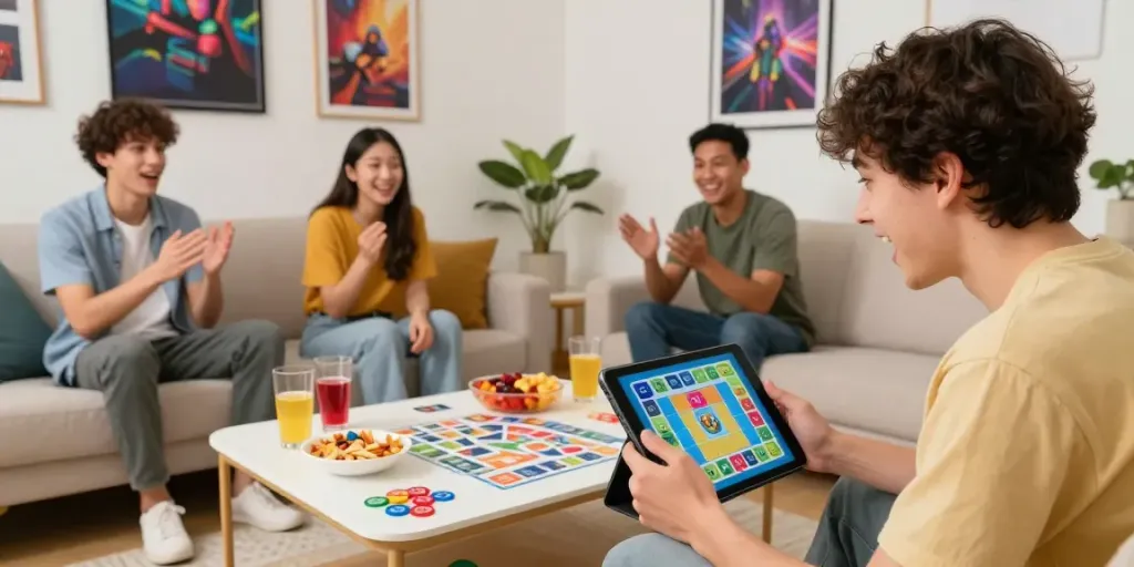 Engaging scene of a player enjoying Rumble Rummy on a tablet in a cozy living room.