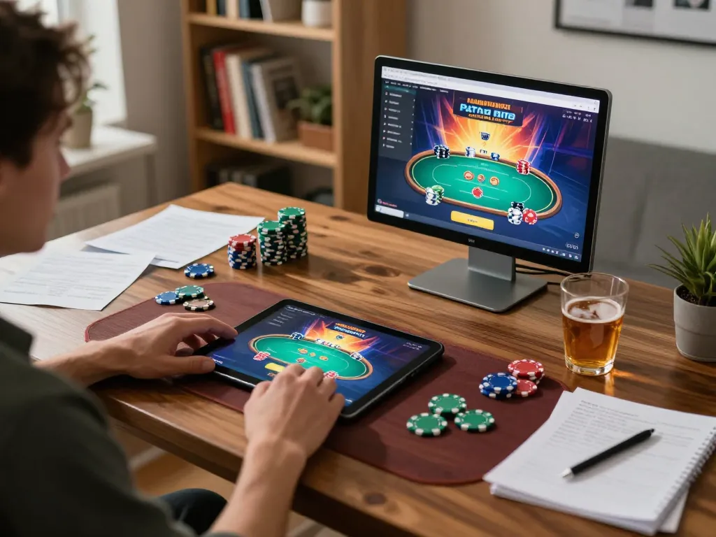 Engaged in online poker at home with 388bet tablet showing betting options and strategies.