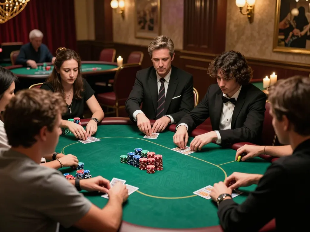 Players strategizing in a high-stakes poker game at 98win's luxurious venue with elegant decor.
