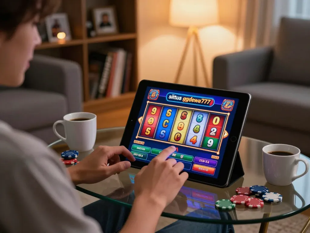 Situs ggdewa777 player enjoying online slots in cozy home atmosphere with vibrant screen and casino chips.
