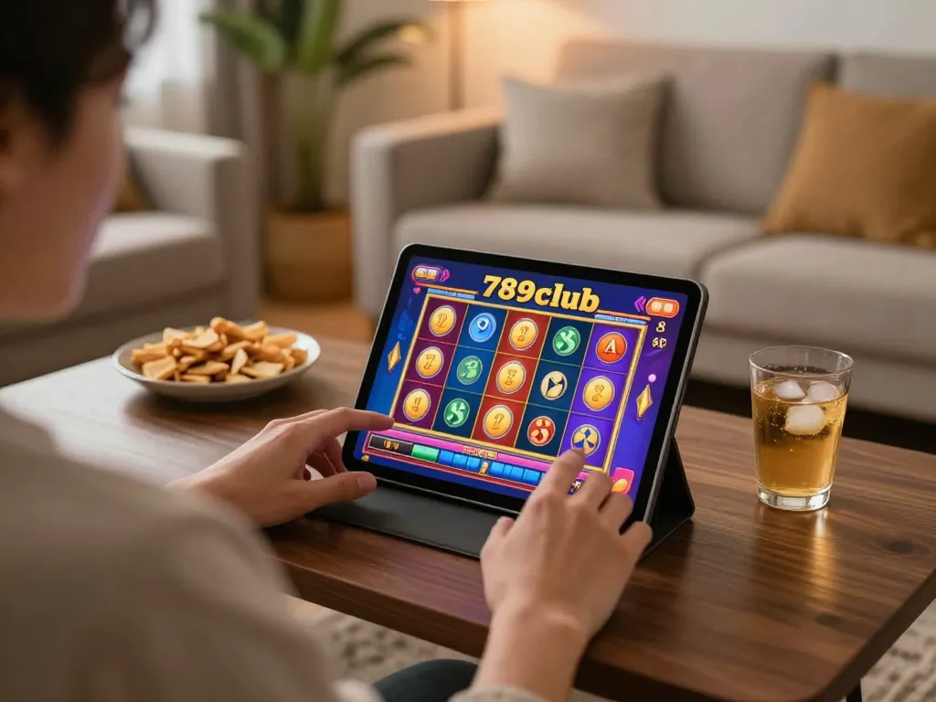 Engaged user enjoying diverse games on 789club tablet in relaxed home setting