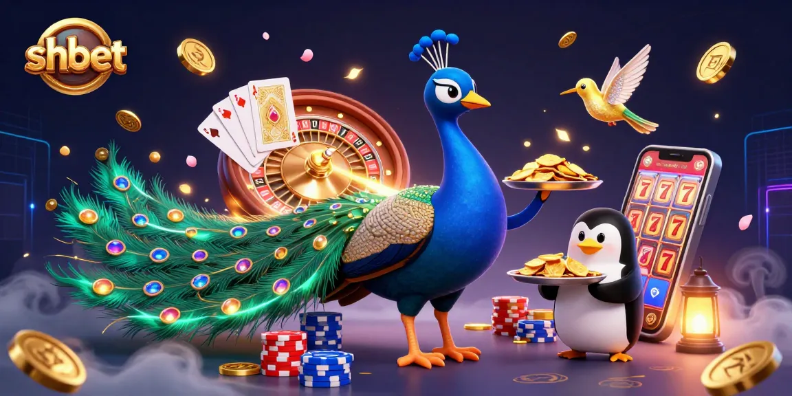 Engage with shbet's vibrant casino excitement, featuring a peacock, penguin, and hummingbird amidst dynamic gaming elements.