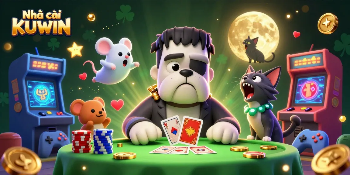 Engaging 3D scene of Nhà cái KUWIN showcasing a lively gambling atmosphere with a bulldog dealer, colorful gaming elements, and captivating effects.