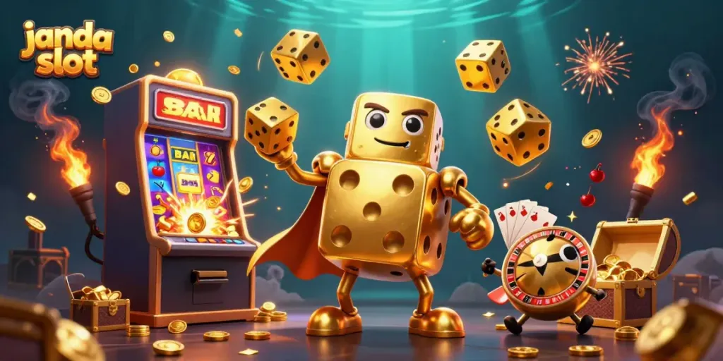Gambaran menarik dari janda slot yang menampilkan golem dadu emas dan mesin slot meledak dengan koin, simbol BAR, dan 7 keberuntungan.